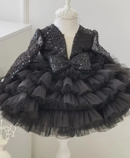 Sequined Tiered Tulle Wedding Dress with Bow for Kids Girls