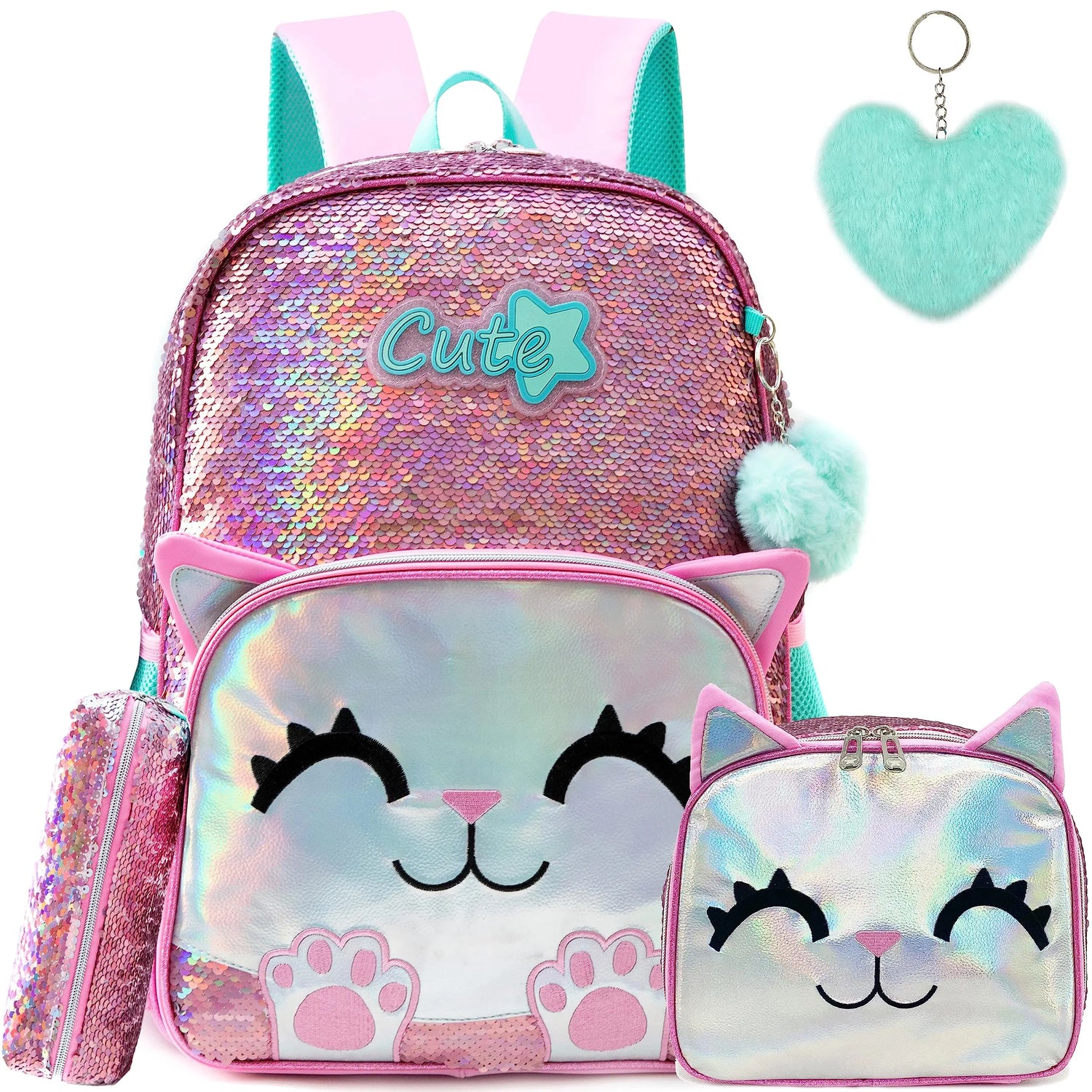 Kids Sequin Backpack with Lunch Box Pencil Case for Girls