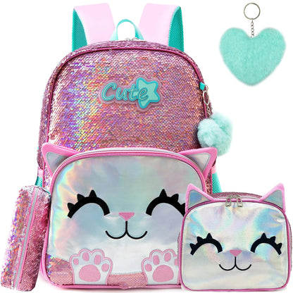 Kids Sequin Backpack with Lunch Box Pencil Case for Girls