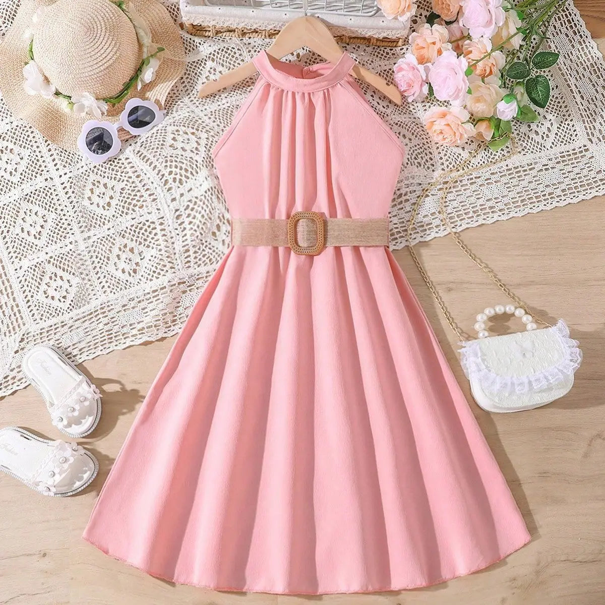 Kids Girls Off Shoulder Formal Summer Party Dresses With Belt