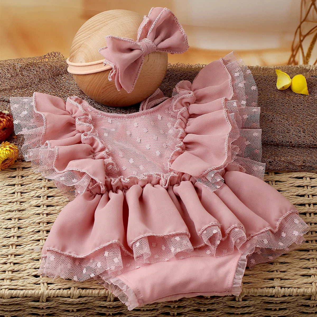 Newborn 2 Pieces Romper and Bow Hairband Photography Outfit