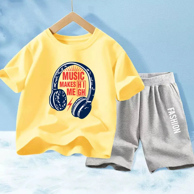 Kids Boys Music Headset Print T-shirt and Shorts Set childrensterritory
