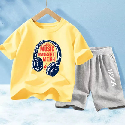 Kids Boys Music Headset Print T-shirt and Shorts Set childrensterritory