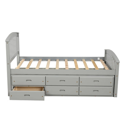 A Twin-Sized Wooden Platform Bed with Six Drawers for Storage childrensterritory