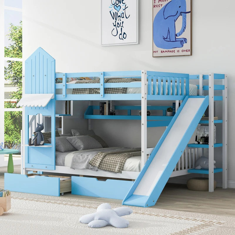 Full-Over-Full Castle Bunk Bed with Slide, Shelves, and Drawers childrensterritory
