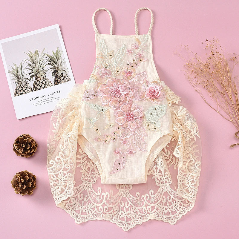 Baby Girls Cute Flower Lace Design Sleeveless Rompers