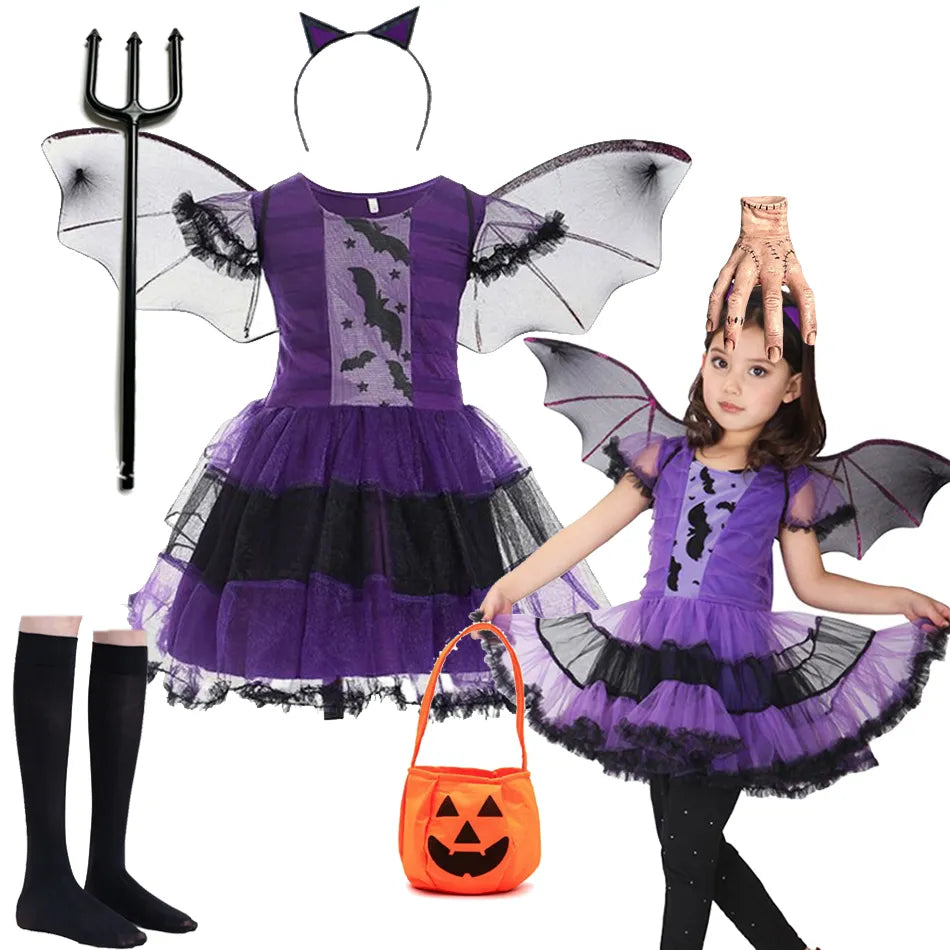 Kids Girls Vampire Witch Party Dress with Bag Headband Wings childrensterritory