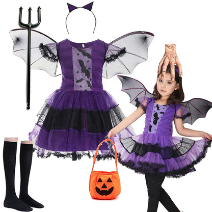 Kids Girls Vampire Witch Party Dress with Bag Headband Wings childrensterritory