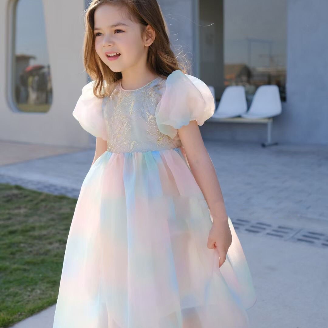 Colorful Patchwork Kids Girls Princess Party Dress childrensterritory