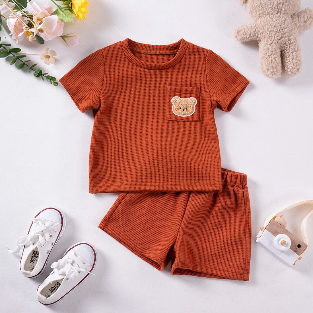 Baby Boy Waffle Short Sleeve Two Piece Casual Outfit Set childrensterritory