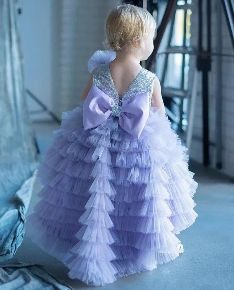 Gorgeous Bow Sequin-Tiered Tulle Birthday Dresses for Little Girls