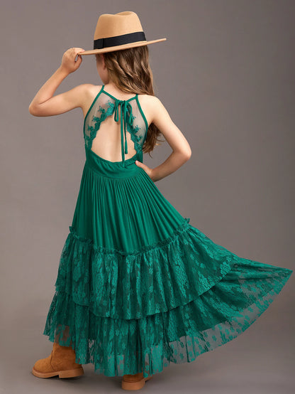 Kids Girls Stylish Lace Design Cotton Bohemia Long Dresses childrensterritory