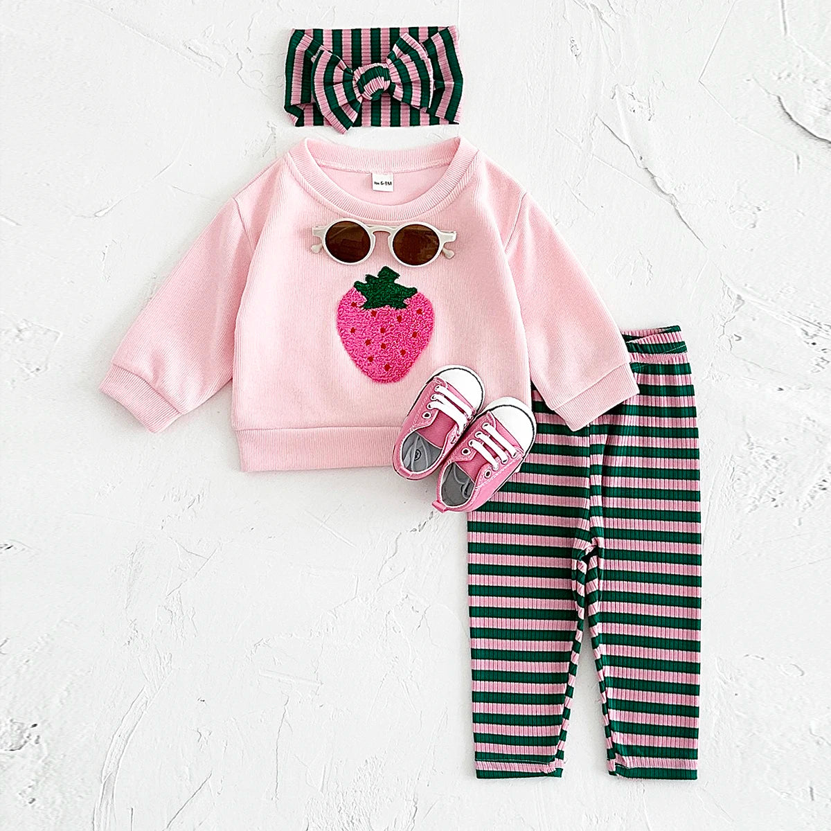 Baby Girls Strawberry Top with Striped Legging and Headscarf Set childrensterritory
