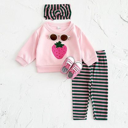 Baby Girls Strawberry Top with Striped Legging and Headscarf Set childrensterritory