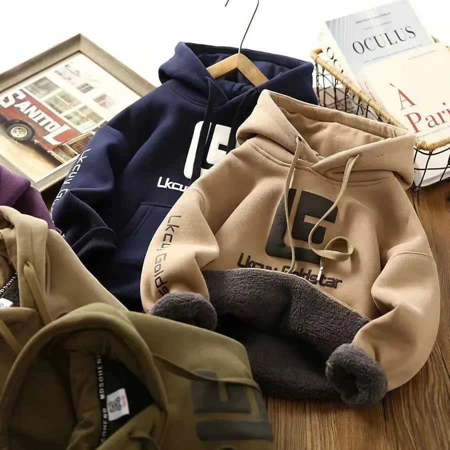 Letter Print With Plush Lining Thick Boys Hoodies childrensterritory