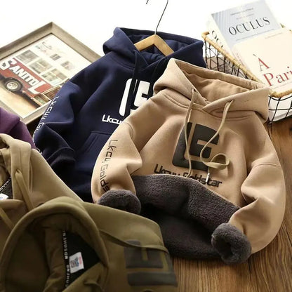 Letter Print With Plush Lining Thick Boys Hoodies childrensterritory