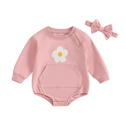 Flower Print Baby Girls Romper with Bowknot Headband