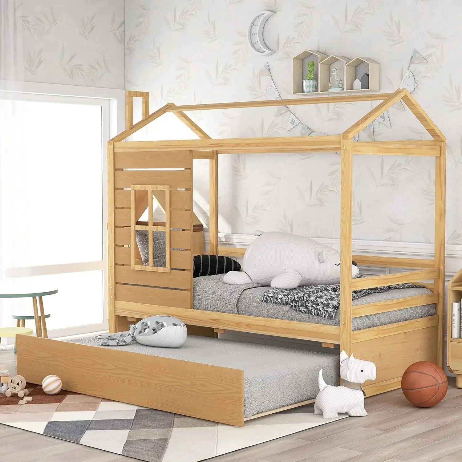 Twin Size Wood Storage Bunk Bed with Window and Roof