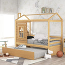 Twin Size Wood Storage Bunk Bed with Window and Roof