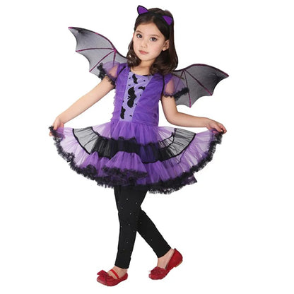 Kids Girls Vampire Witch Party Dress with Bag Headband Wings childrensterritory