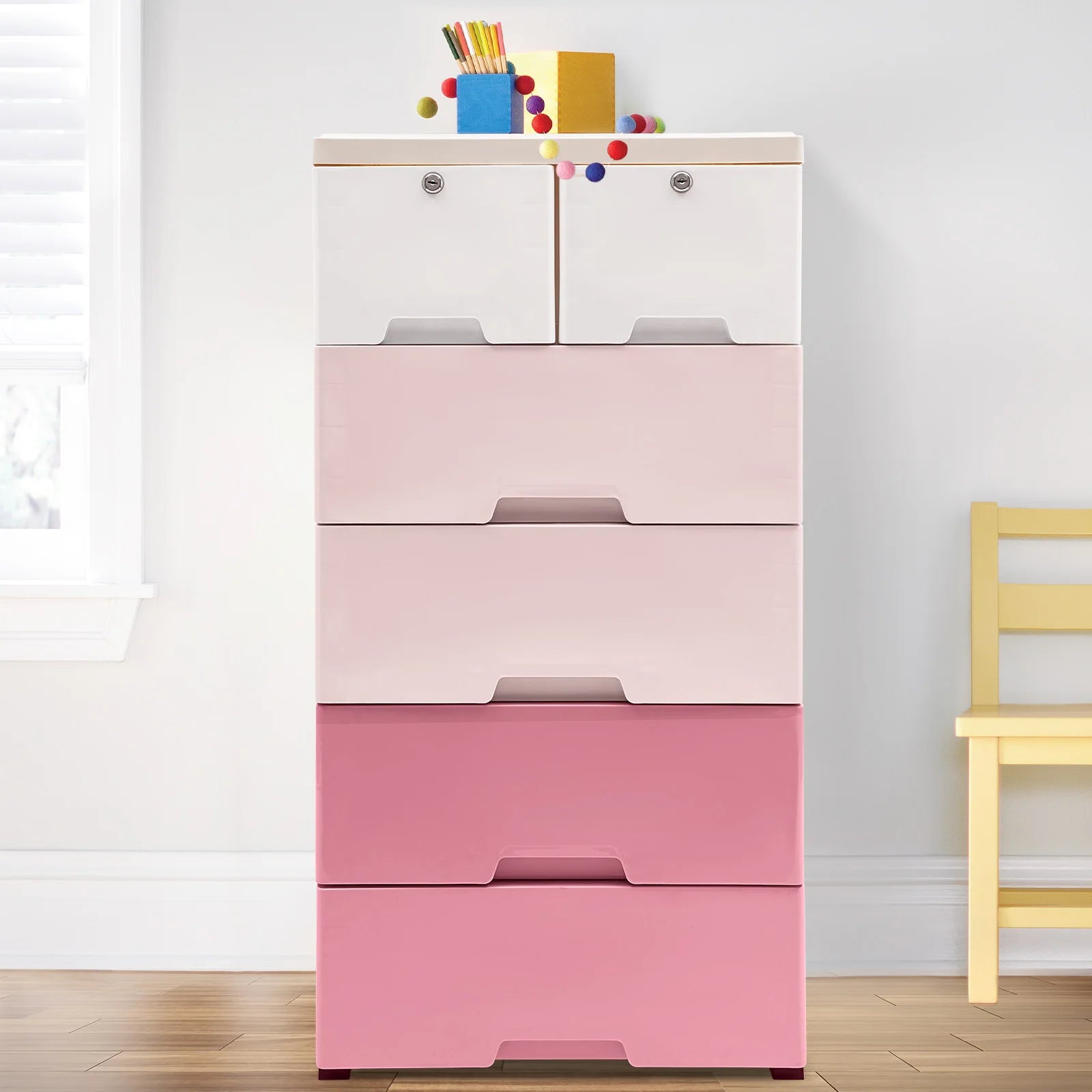 Modern Gradient Pink Design Plastic Storage Cabinet W/ 6 Drawers