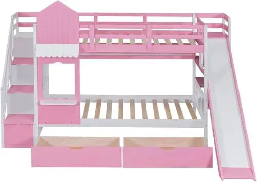 Full-Over-Full Castle Bunk Bed with Slide, Shelves, and Drawers