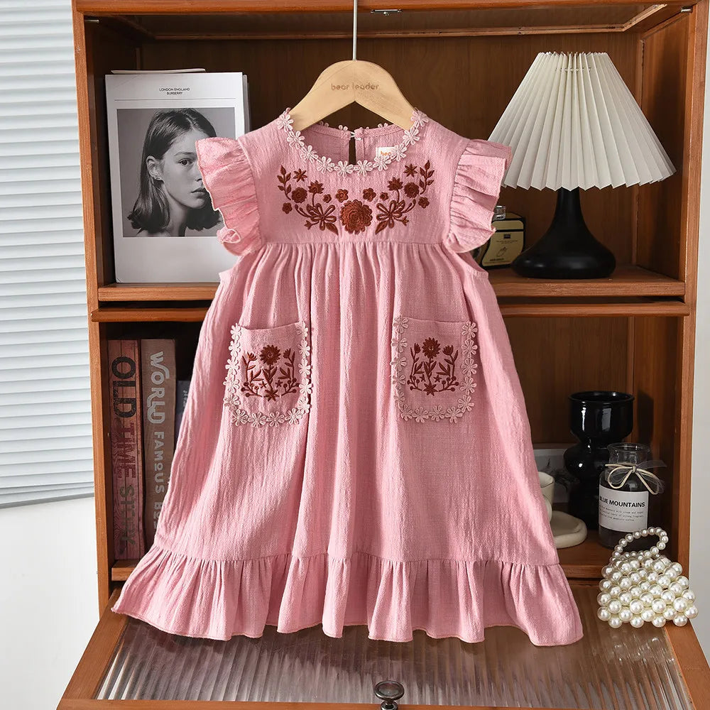 Little Girls Floral Appliques Design Summer Dress with Pockets