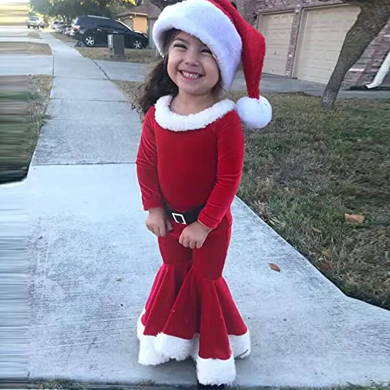 Kids Elegant Velvet Suit with Bell Bottom Pants for Christmas