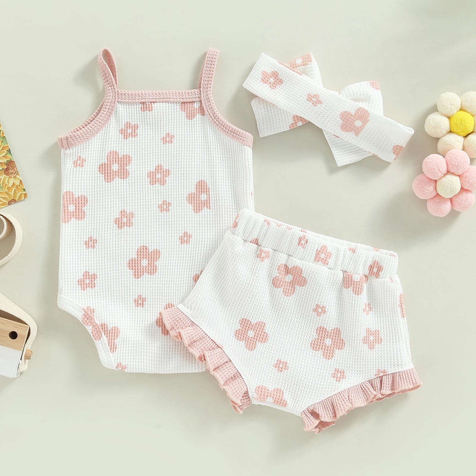 Baby Girl Floral Spaghetti Straps Sleeveless Romper Set