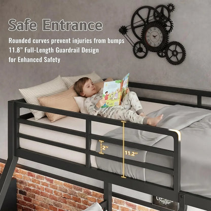 Sturdy Metal Frame Bunk Bed with Slats and Side Rails