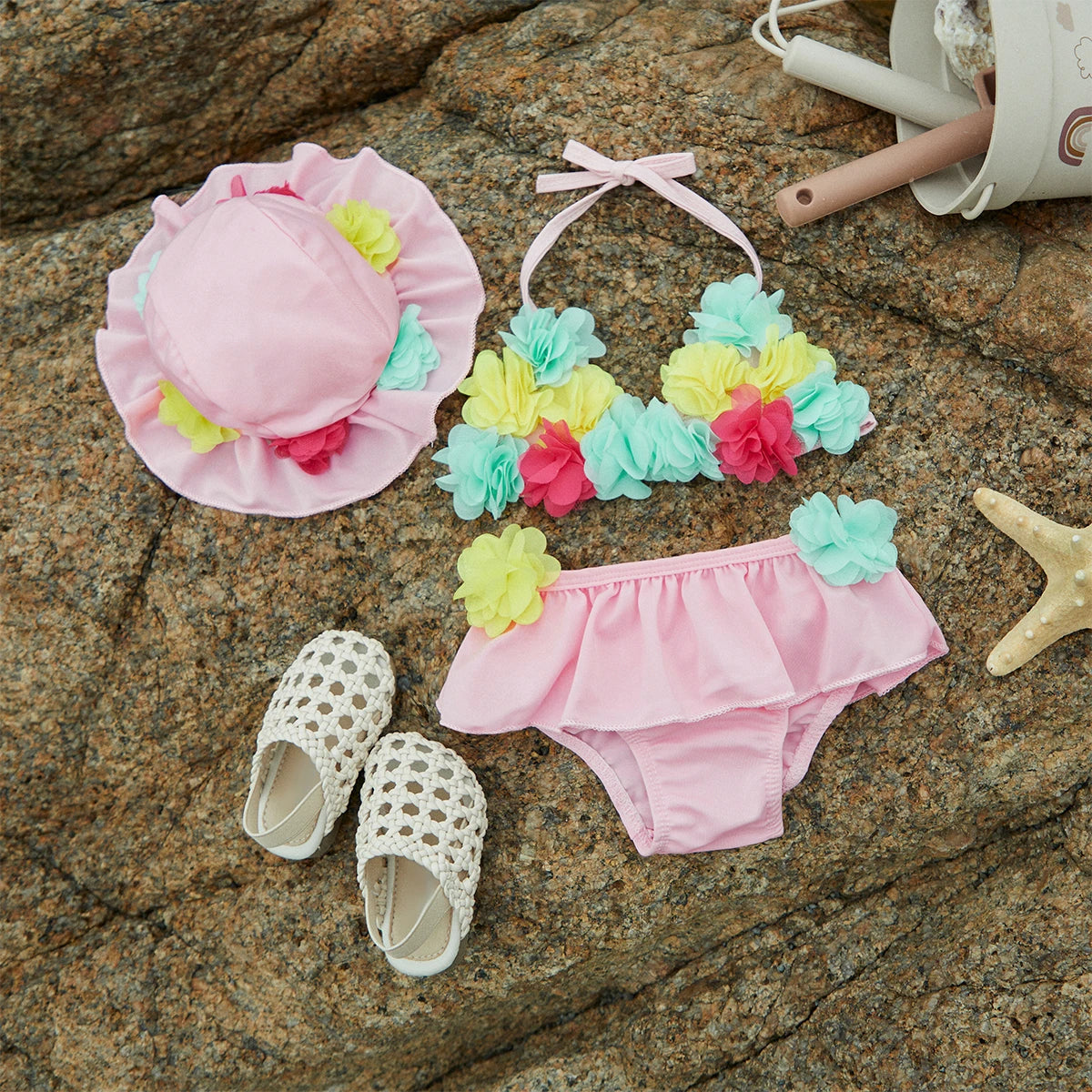 Baby Girl 3pcs Flower Halter Top with Shorts and Sun hat Swimwear