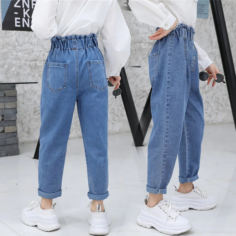Casual High Waist Elastic Denim Pants for Girls