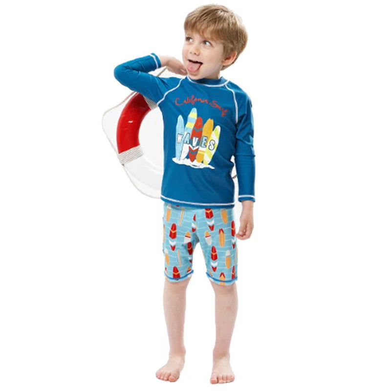 Kids Boys Cartoon Print Swimsuit With Swim Cap | Beach Wear