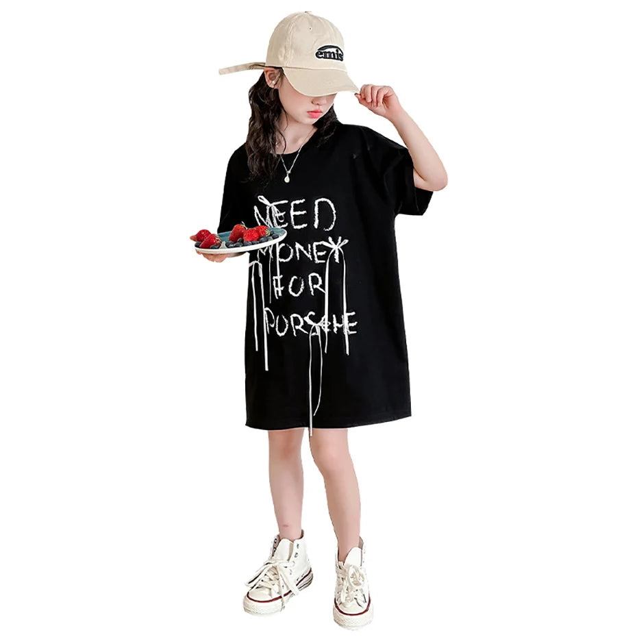 Letter Print Kids Girls Casual Summer Knee Length Dress