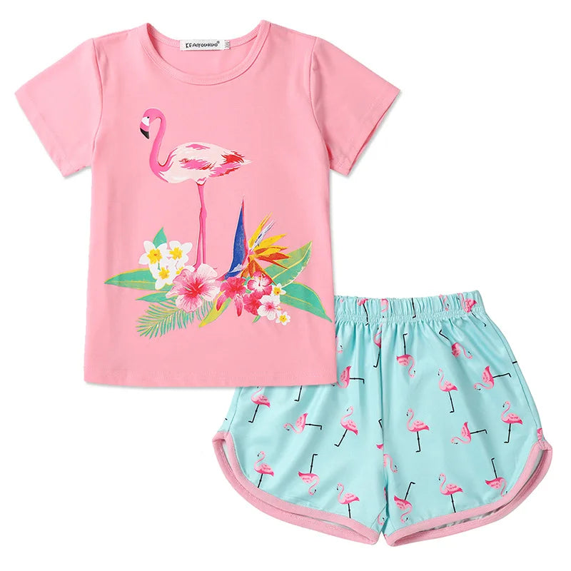 Kids Girls Cartoon Animal Print T-shirts Shorts Pajamas Set childrensterritory