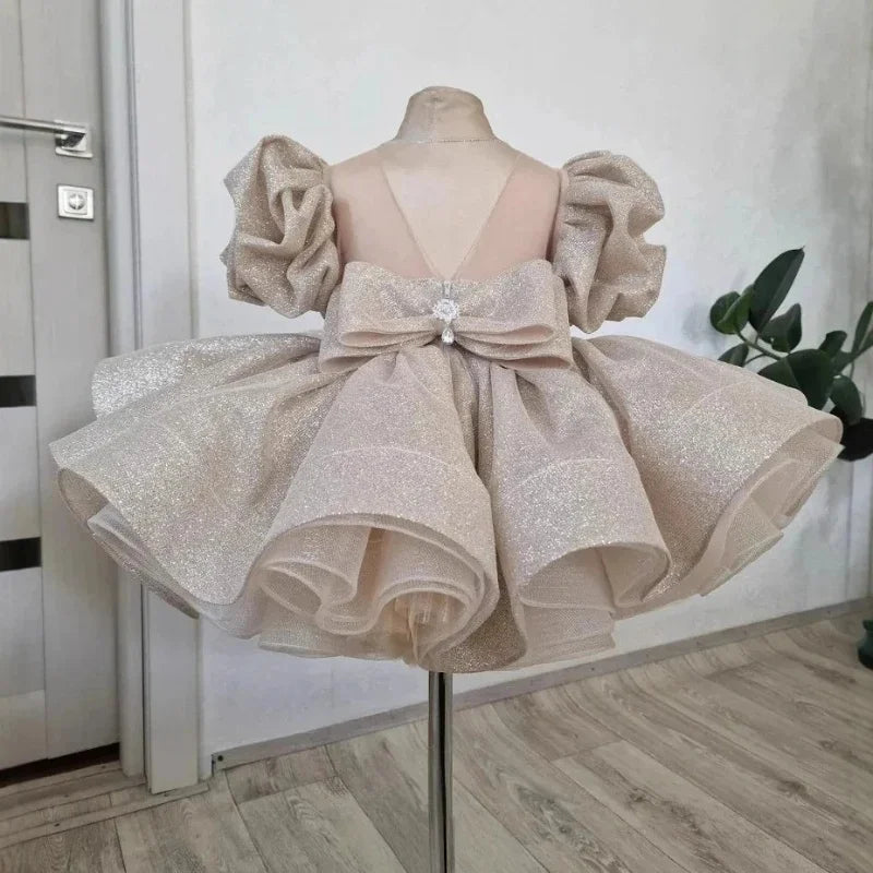 Kids Girl Shiny Puff First Communion Ruffle Dresses With Bow