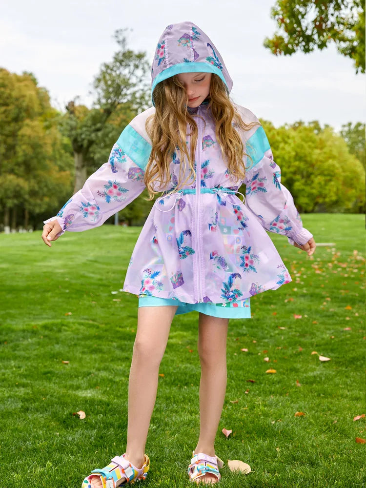 Kids Girls Hooded Trench Coat Printed With Pleated Cuffs childrensterritory
