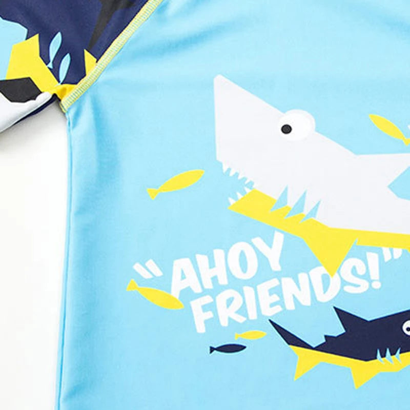Cartoon Print Short Sleeve 3pcs Swimwear with Hat for Little Boys
