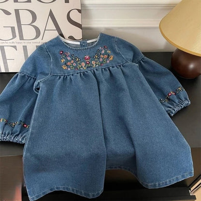 Little Girl Retro Style Embroidered Denim Fashionable Dress childrensterritory