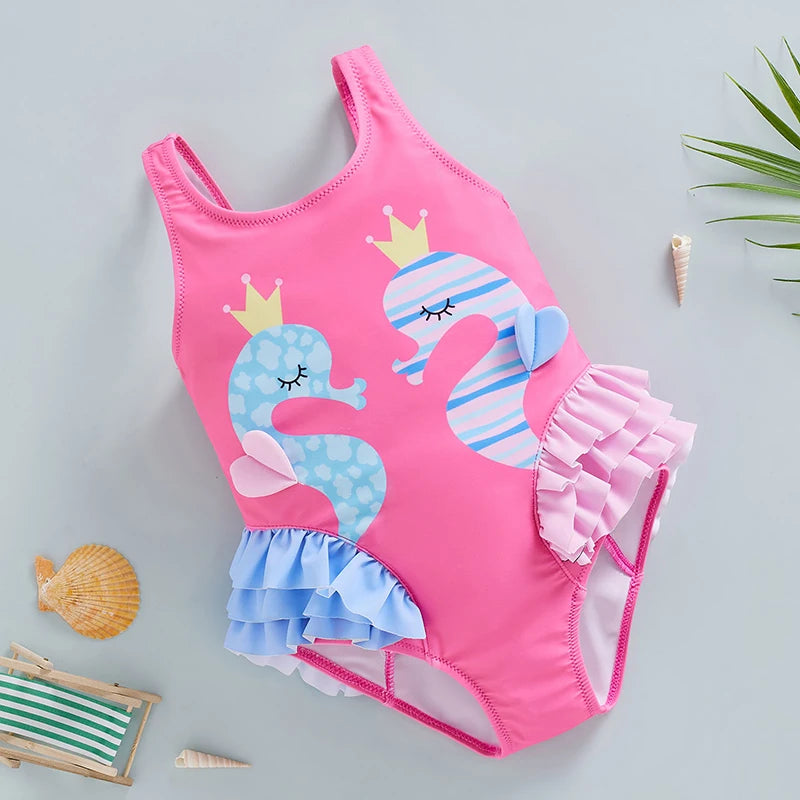 Cartoon Seahorse Print Sleeveless Kid Girl Swimsuit