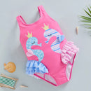 Cartoon Seahorse Print Sleeveless Kid Girl Swimsuit
