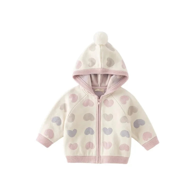 Kids Girls Heart Design Knitted Hooded Zipper Cardigan childrensterritory