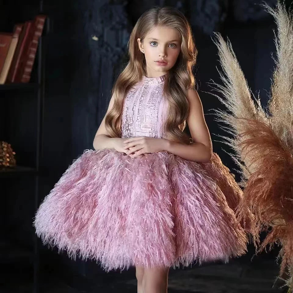 Girls Fluffy Feather &amp; O Neck Sleeveless Ball Gown/Party Dress
