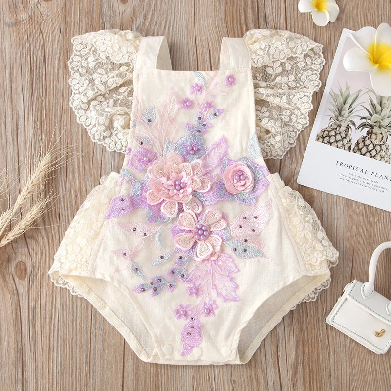 Baby Girls Cute Flower Lace Design Sleeveless Rompers