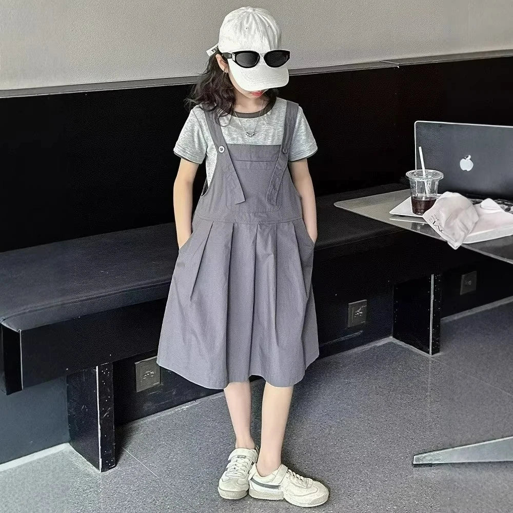 Kids/Teen Girls Solid Color Top and Dress Set for Summer
