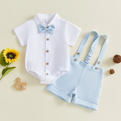 White Romper with Blue Shorts Baby Boy Gentlemen Suit