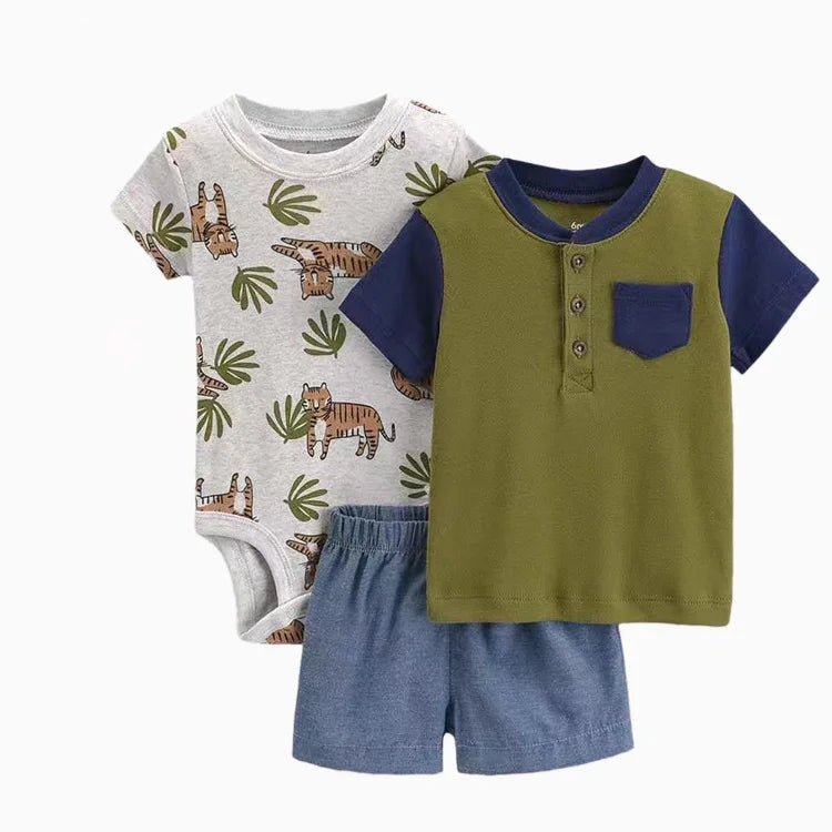 Baby Boys Cotton 3-Piece Short Bodysuit Set for Summer