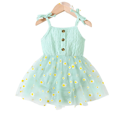 Small Daisy Print Baby Girl Sleeveless Mesh Romper Dress