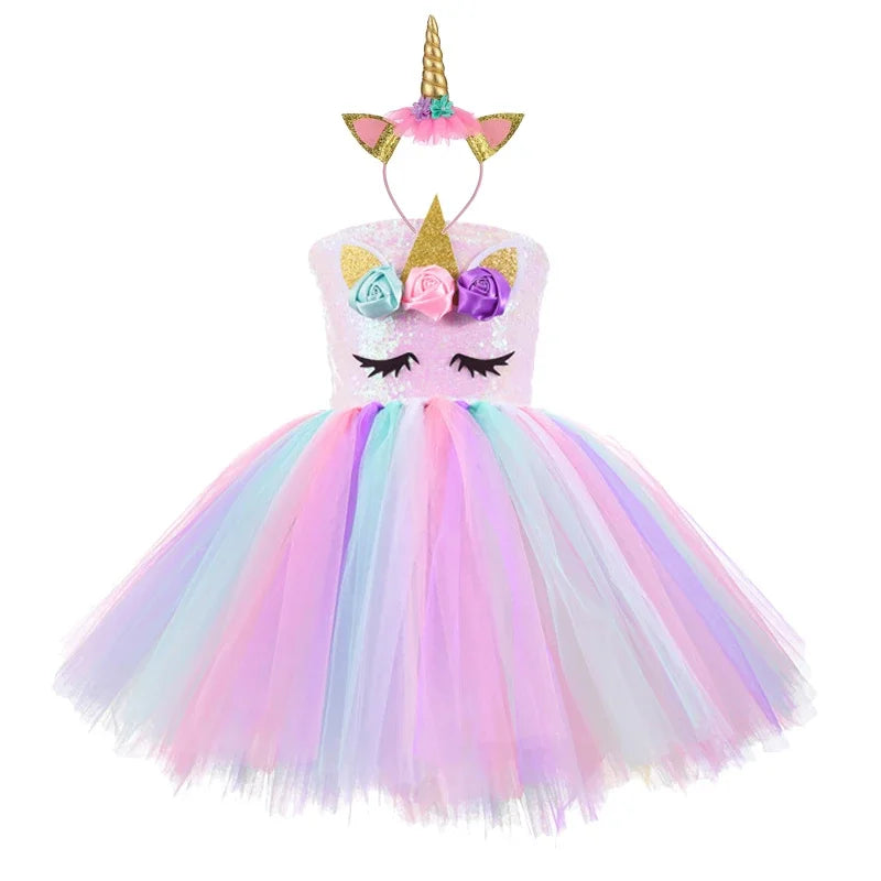 Kids Girls Unicorn Design LED Lights Sequin Tutu Dress for Halloween