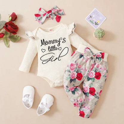 3Pcs Newborn Girl Bodysuit, Bow, Floral Pants Clothing Set childrensterritory
